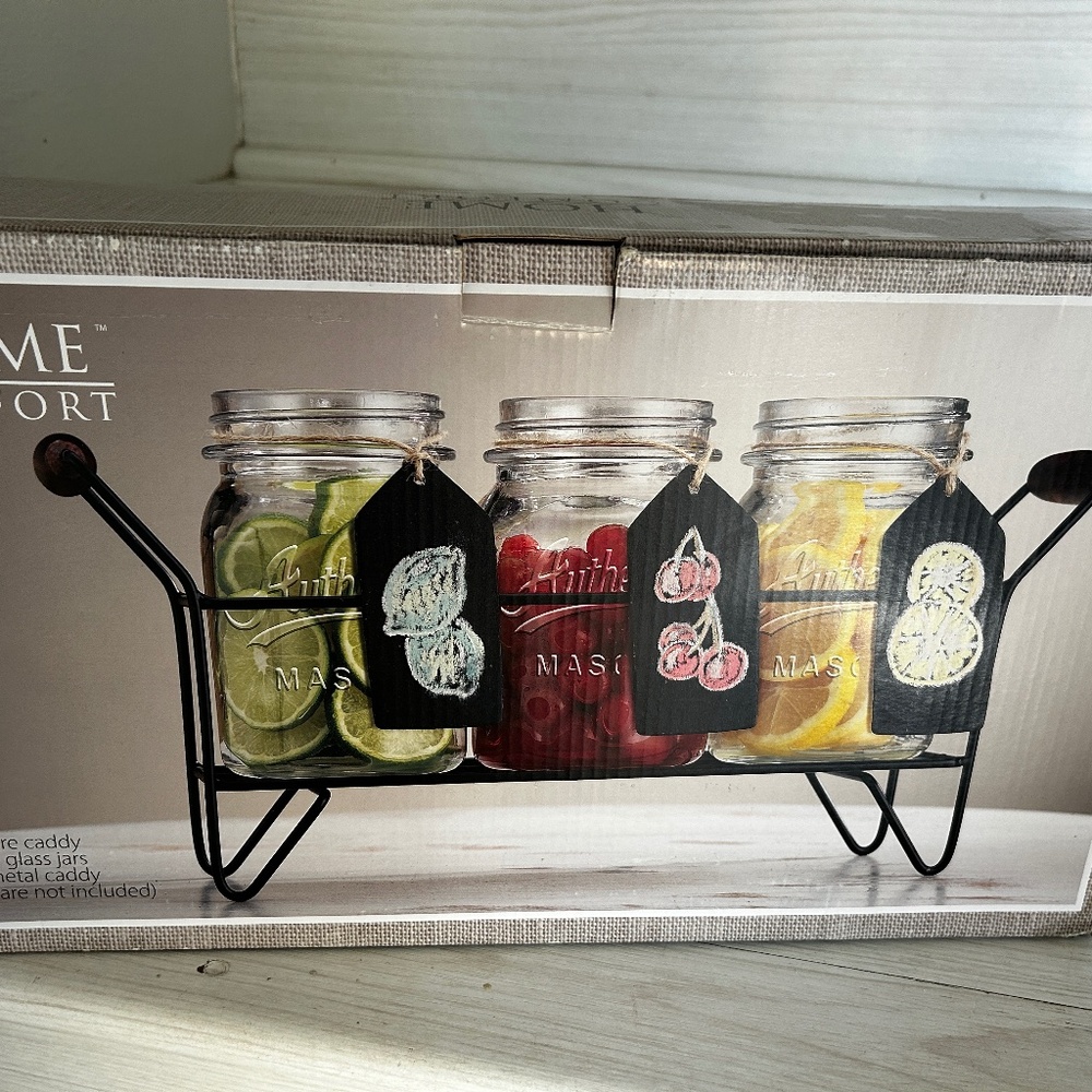Caddy for Silverware/Fruit - comes with 3 glass jars chalk tags & metal caddy
